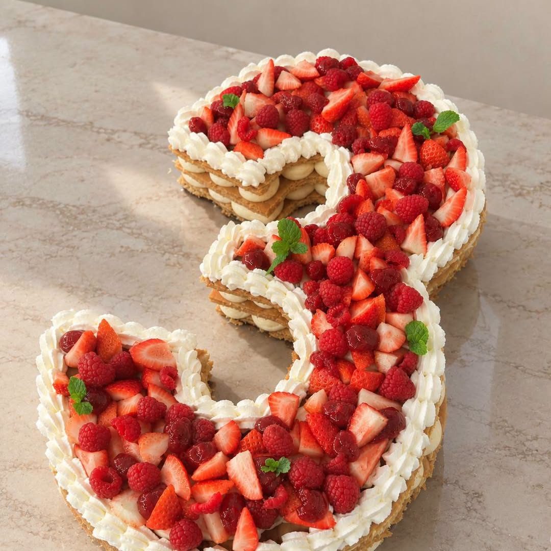 Number cake en forme de 3, crème et fruits rouges